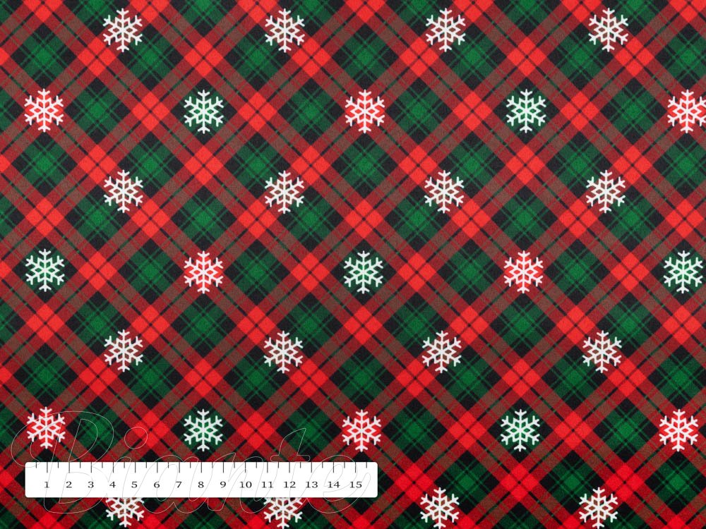 Látka polyesterový satén LUP-502 Červeno-zelené vánoční káro s vločkami - šířka 145 cm - detail 7 - Biante.cz