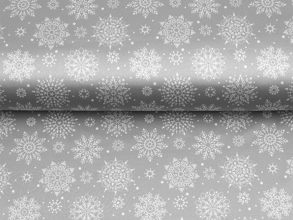Látka polyesterový satén LUP-504 Sněhové vločky na stříbrném - šířka 145 cm - detail 4 - Biante.cz
