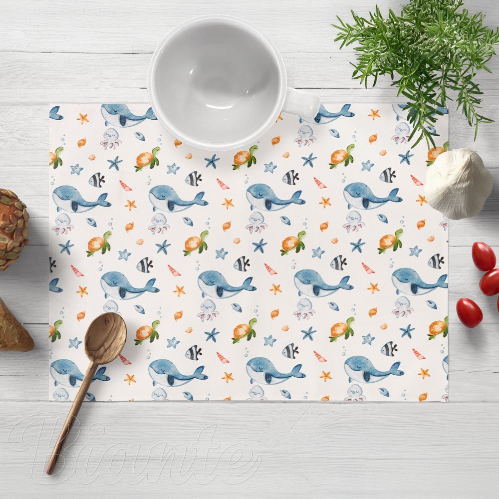 Detské bavlnené prestieranie na stôl Sandra SA-660 Modré veľryby a morské zvieratká na bielom - Biante.sk