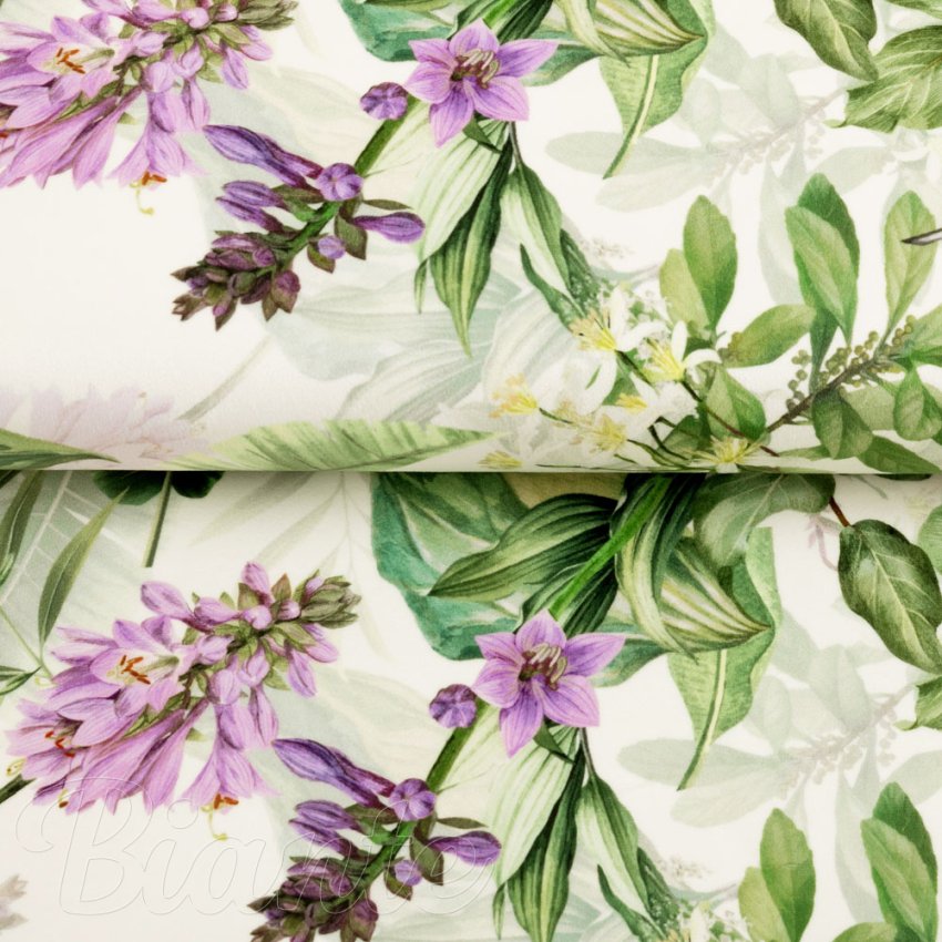 Sametová látka Tamara TMR-035 Fialové zvonky s listy na bílém - šířka 140 cm - detail 3 - Biante.cz