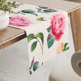 Bavlněný běhoun na stůl Sandra SA-715 Velké růžovočervené pivoňky na smetanovém - Biante.cz