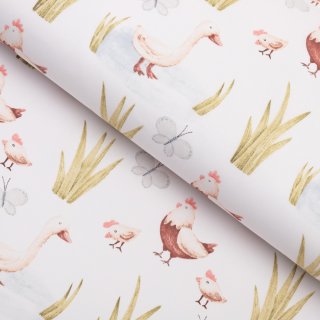 Dětská bavlněná látka/plátno Sandra SA-752 Slepičky a husy na bílém - šířka 160 cm - Biante.cz