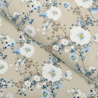 Bavlněná látka/plátno Sandra SA-552 Modré pnoucí květy na béžovém - šířka 160 cm - Biante.cz
