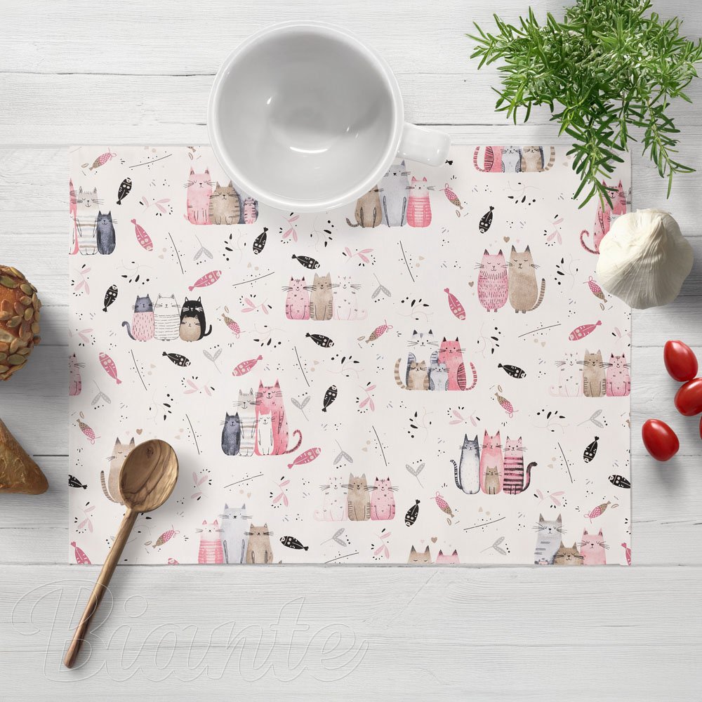Detské bavlnené prestieranie na stôl Sandra SA-654 Mačací svet ružovo-hnedý na bielom - Biante.sk