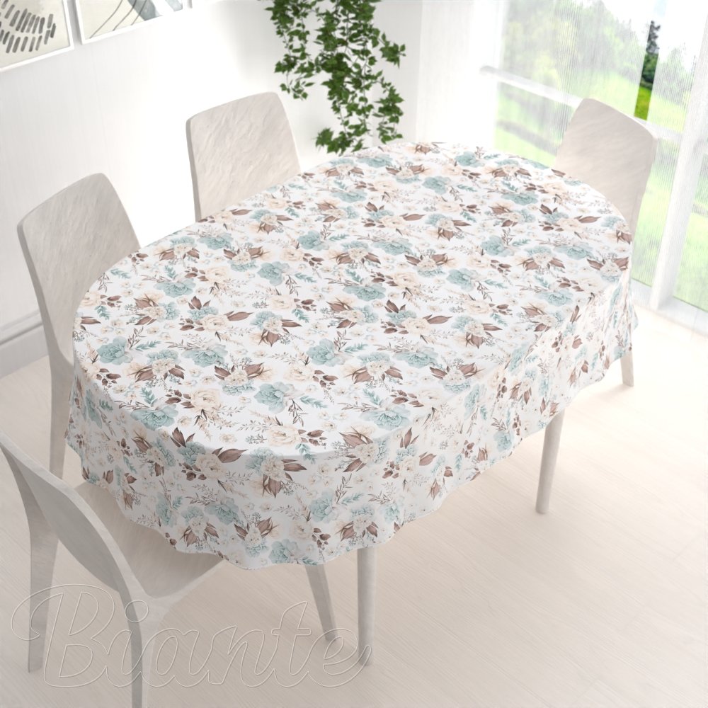 Bavlněný oválný ubrus Sandra SA-451 Žluto-hnědo-mintové růže na bílém - detail 1 - Biante.cz