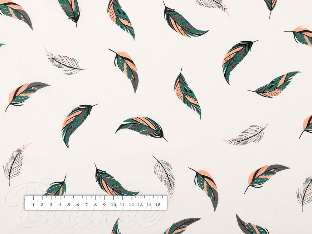 Bavlněná látka/plátno Sandra SA-460 Zeleno-růžová pírka na bílém - šířka 160 cm - detail 3 - Biante.cz