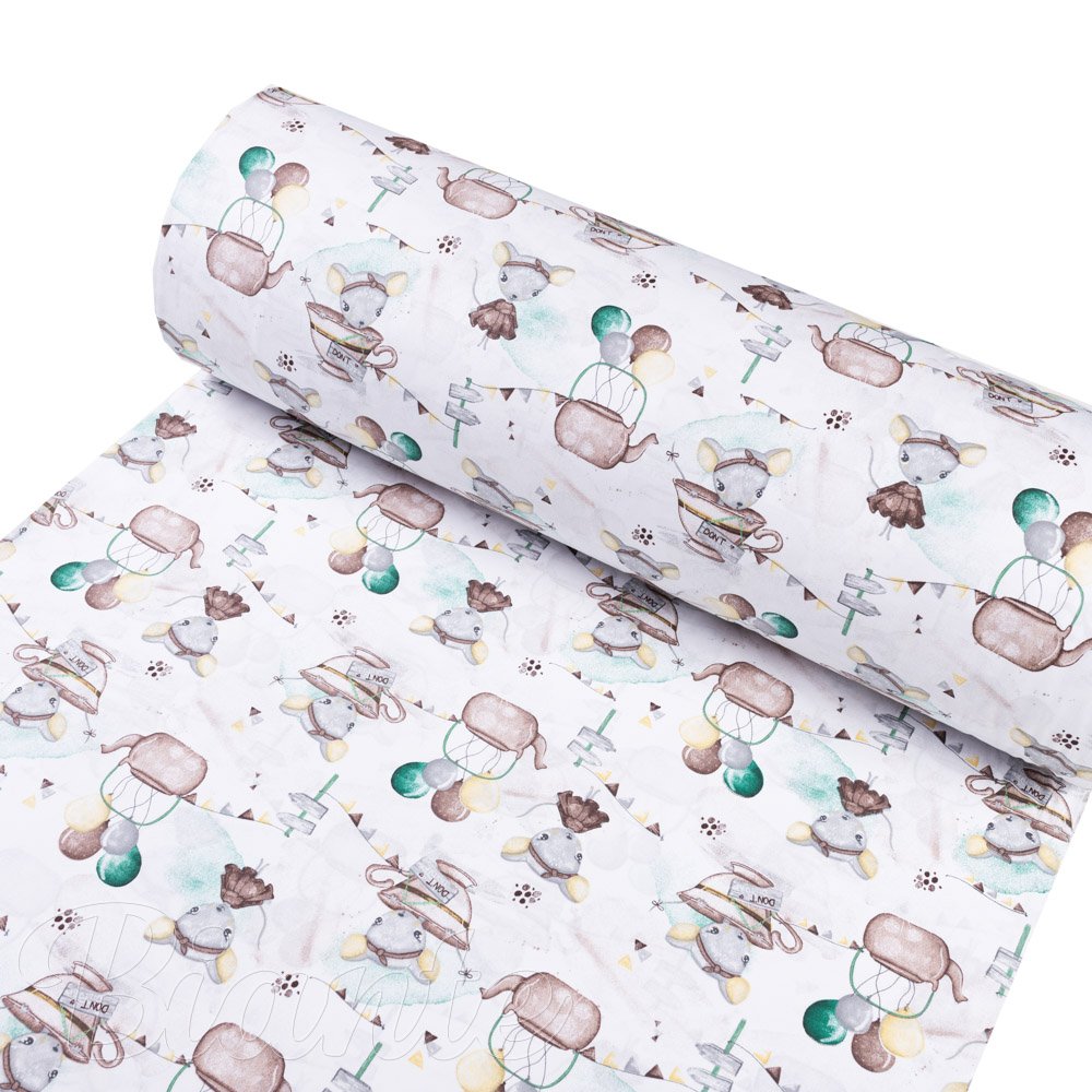 Dětská bavlněná látka/plátno Sandra SA-372 Myšky a konvičky na bílém - šířka 160 cm - detail 1 - Biante.cz