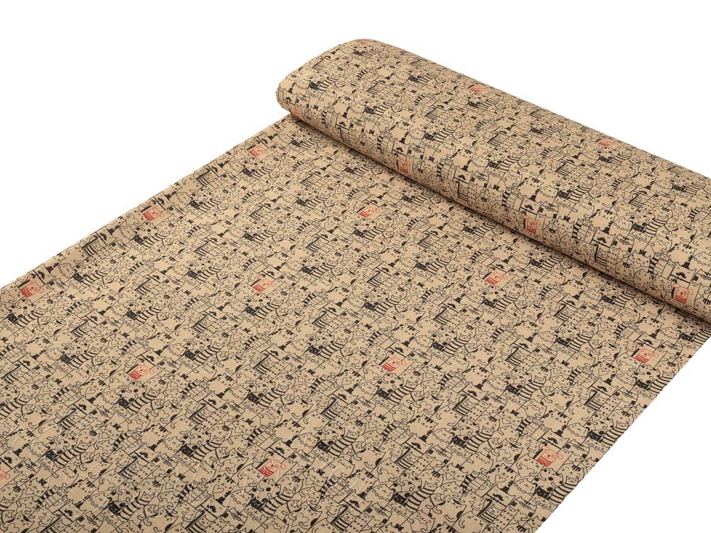 Dekorační látka PML-093 Pes mezi kočkami na hnědobéžovém - šířka 150 cm - detail 1 - Biante.cz