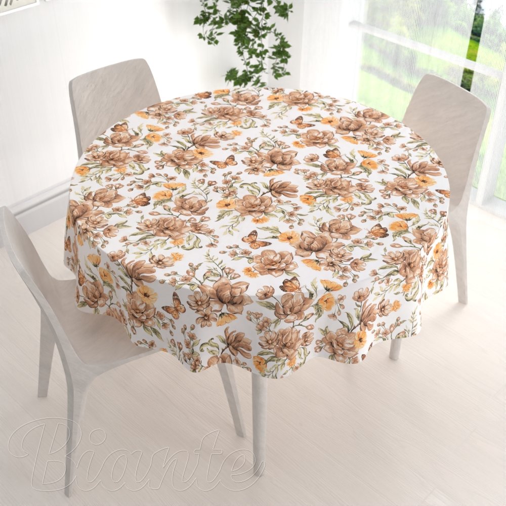Bavlněný kulatý ubrus Sandra SA-458 Hnědé květy magnolie s motýlky na bílém - detail 1 - Biante.cz