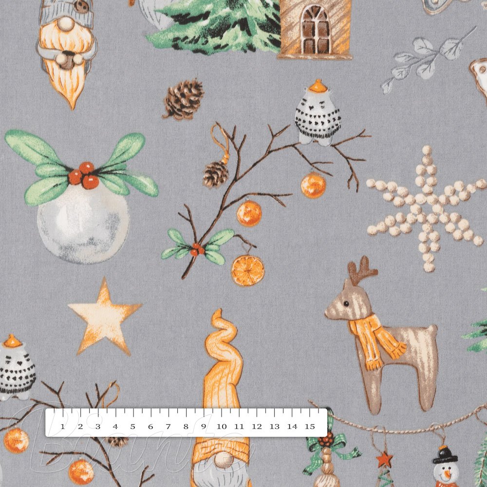 Bavlněná látka/plátno Sandra SA-509 Vánoční skřítci a ozdoby na šedém - šířka 160 cm - detail 3 - Biante.cz