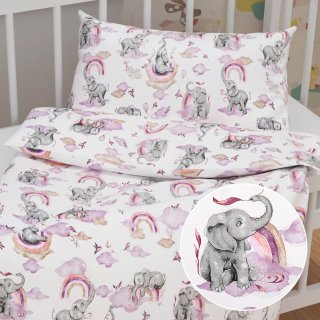 Dětské bavlněné povlečení do postýlky Sandra SA-464 Sloni s fialovou duhou na bílém - Biante.cz Dětské bavlněné povlečení do postýlky Sandra SA-464 Sloni s fialovou duhou na bílém - Biante.cz