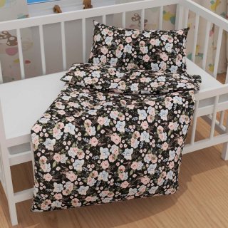 Detské bavlnené posteľné obliečky do postieľky Sandra SA-449 Modro-ružové kvety na čiernom - detail 1 - Biante.sk