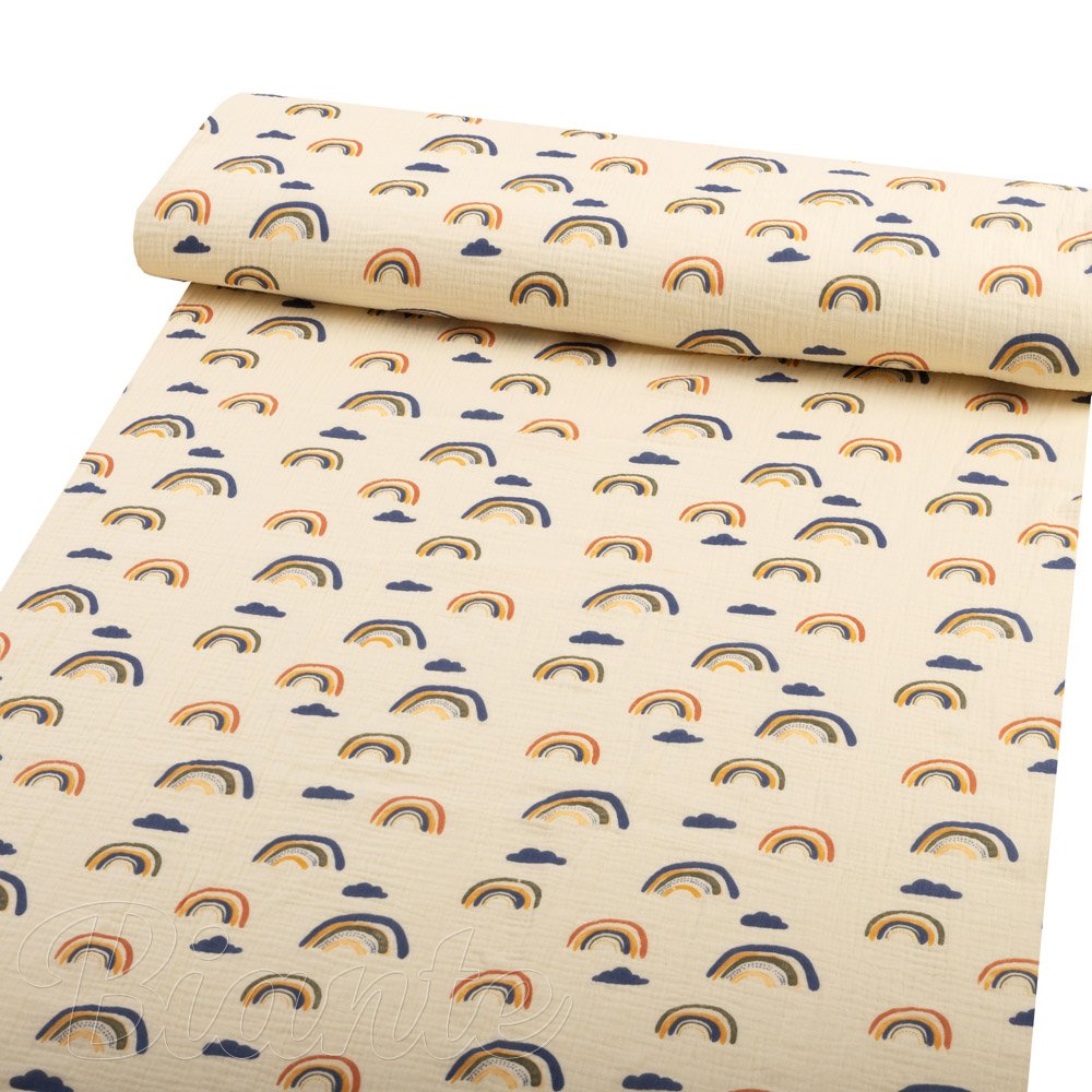 Mušelín dvojitá gázovina MSN-073 Duhy na krémově žlutém - metráž šířka 140 cm - detail 2 - Biante.cz