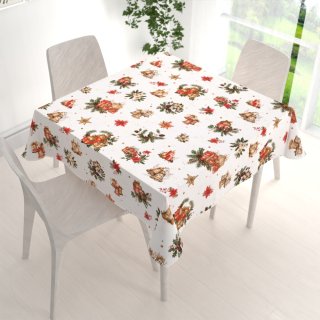 Vánoční bavlněný čtvercový ubrus Sandra SA-515 Vánoční hvězdy a ozdoby na bílém - detail 1 - Biante.cz