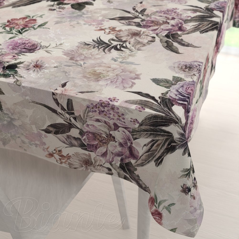 Dekorační obdélníkový ubrus Parma PM-112 Fialové květy na smetanovém - Biante.cz