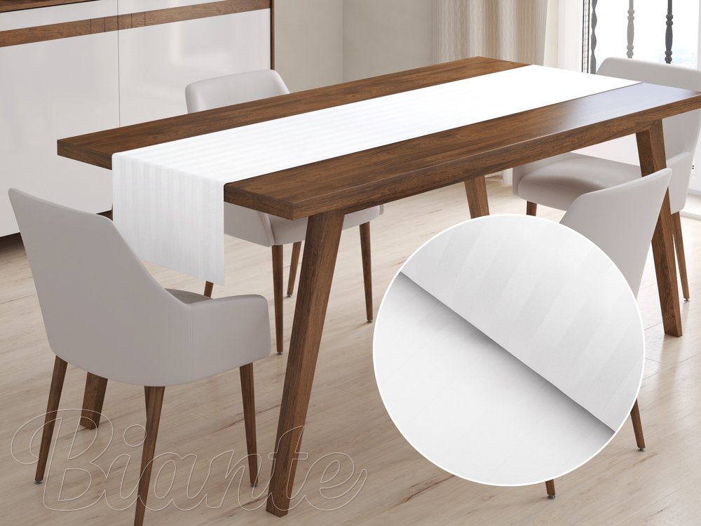 Damaškový behúň na stôl Atlas Grádl DM-011 Biely - pásiky 2 cm - Biante.sk