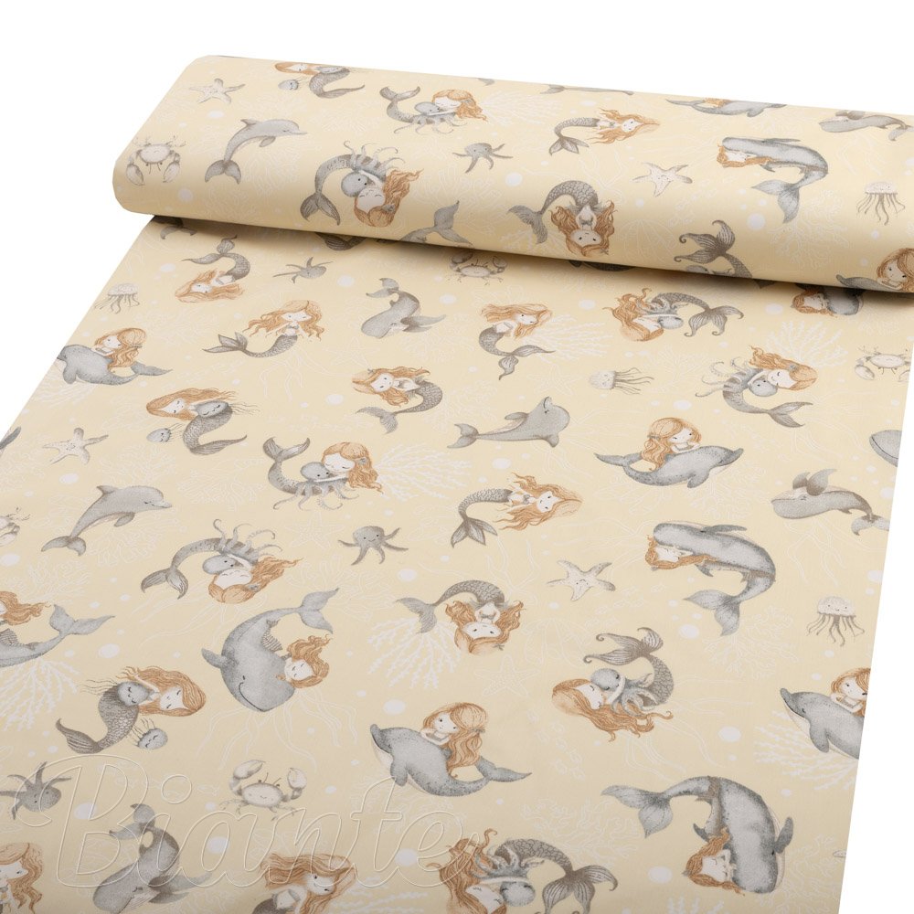 Dětská bavlněná látka/plátno Sandra SA-670 Šedo-hnědé mořské panny s delfíny na žlutobéžovém - šířka 160 cm - detail 1 - Biante.cz