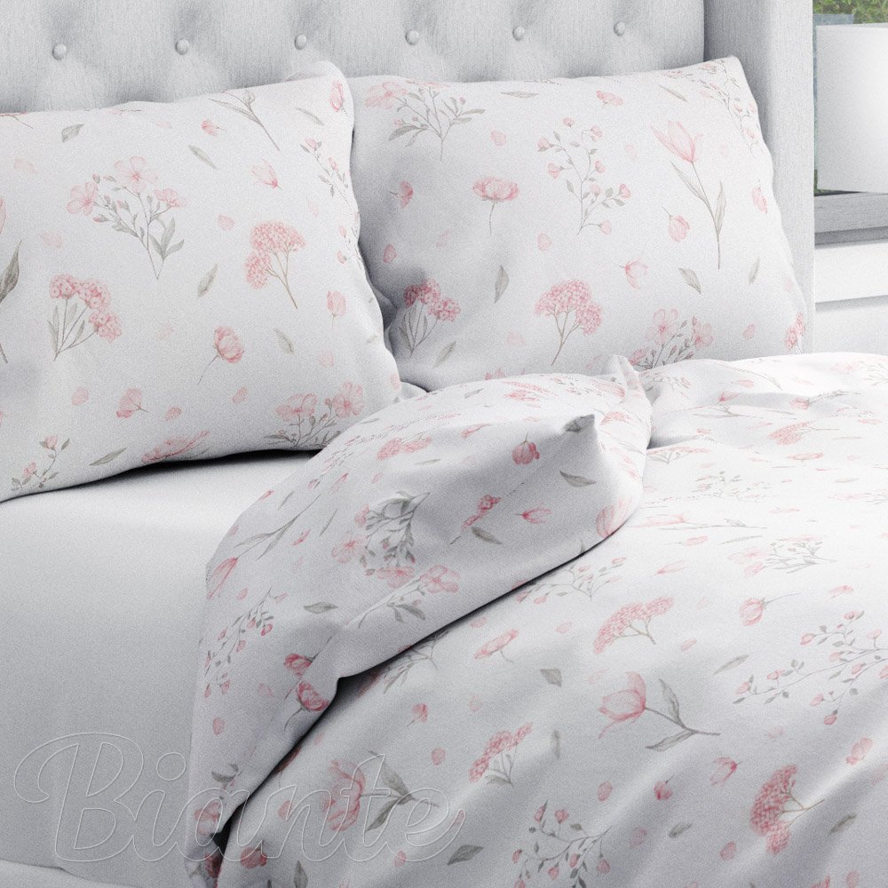 Bavlněné ložní povlečení Sandra SA-741 Růžové jarní květy na bílém - Biante.cz