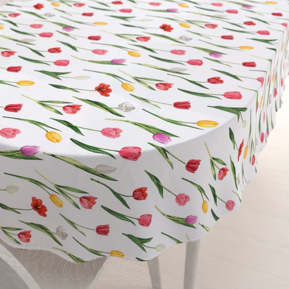 Bavlněný oválný ubrus Sandra SA-506 Tulipány na bílém - Biante.cz