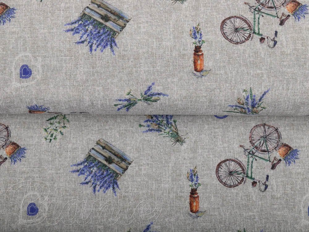 Dekorační látka PML-097 Levandule a kola na šedém režném - šířka 150 cm - detail 2 - Biante.cz