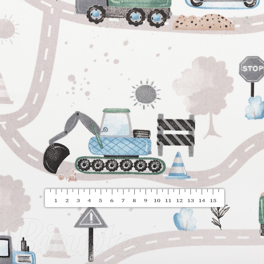 Dětská bavlněná látka/plátno Sandra SA-687 Modro-zelená auta a bagry na bílém - šířka 160 cm - detail 3 - Biante.cz