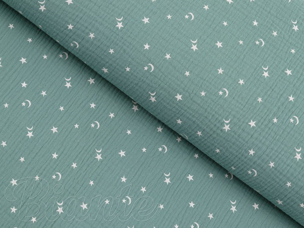 Mušelín dvojitá gázovina MSN-053 Noční obloha na pastelově modrozeleném - metráž šířka 155 cm - Biante.cz