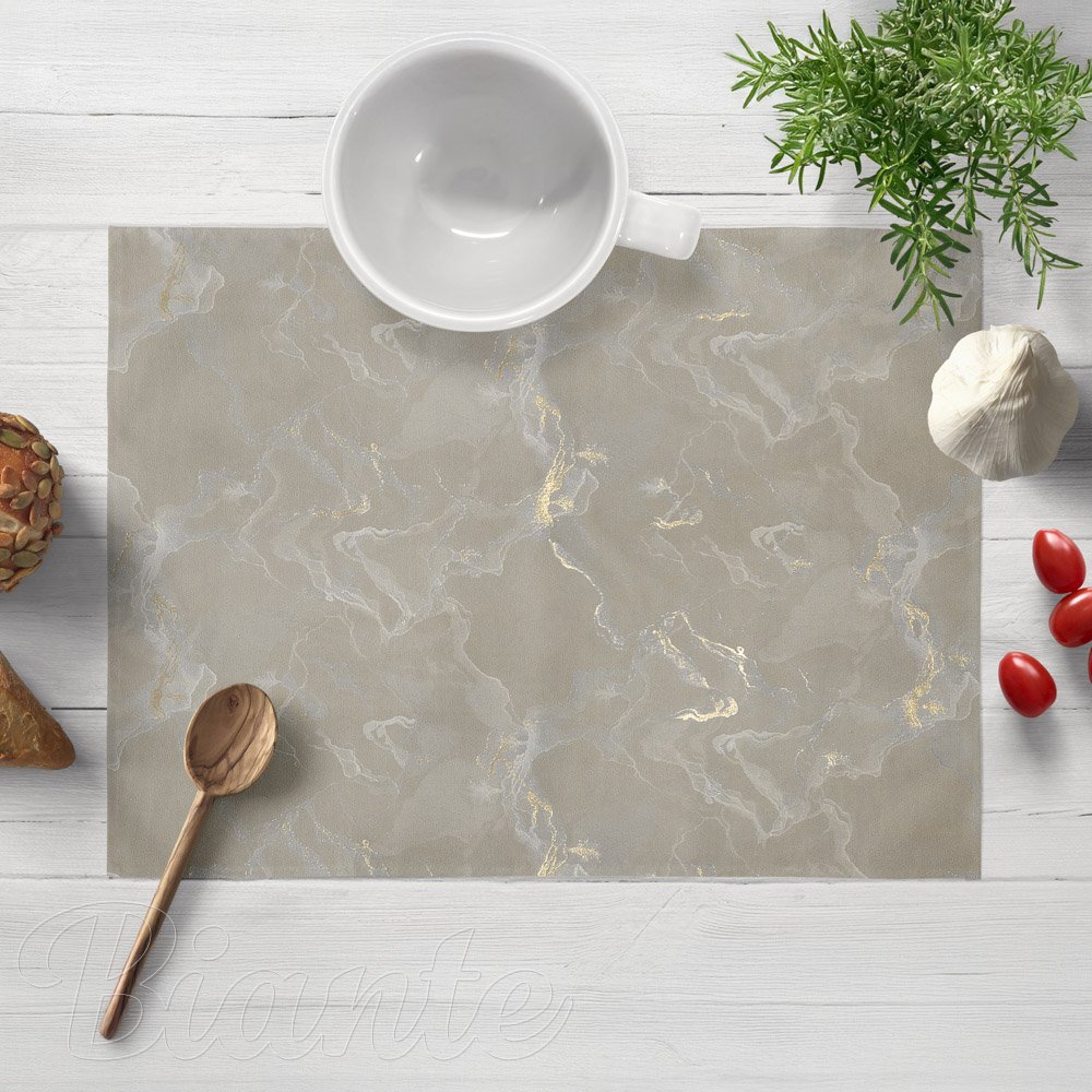 Sametové prostírání na stůl Isabela IBL-019 Zlatý/kouřový mramor na šedobéžovém - Biante.cz