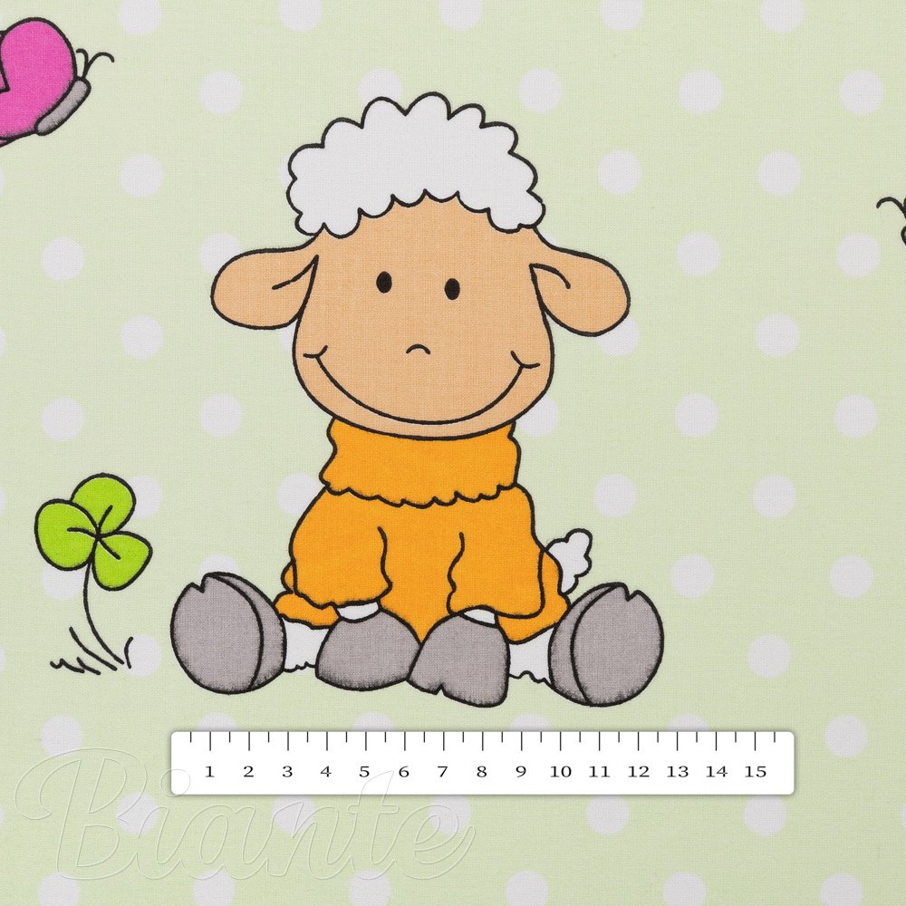 Dětská bavlněná látka/plátno Sandra SA-729 Veselé ovečky na světle zeleném puntíkovaném - šířka 160 cm - detail 3 - Biante.cz