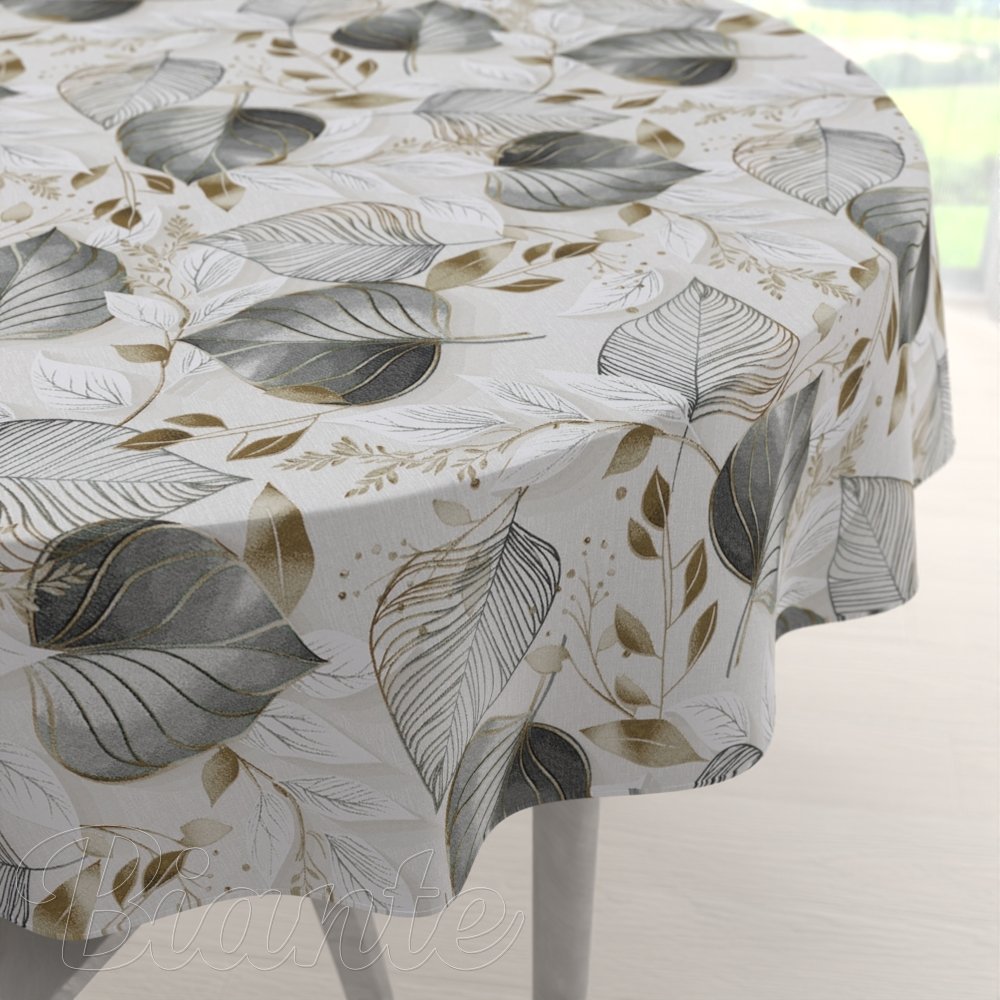 Velký dekorační kulatý ubrus Leona LN-173 Šedé listy na režném - Biante.cz
