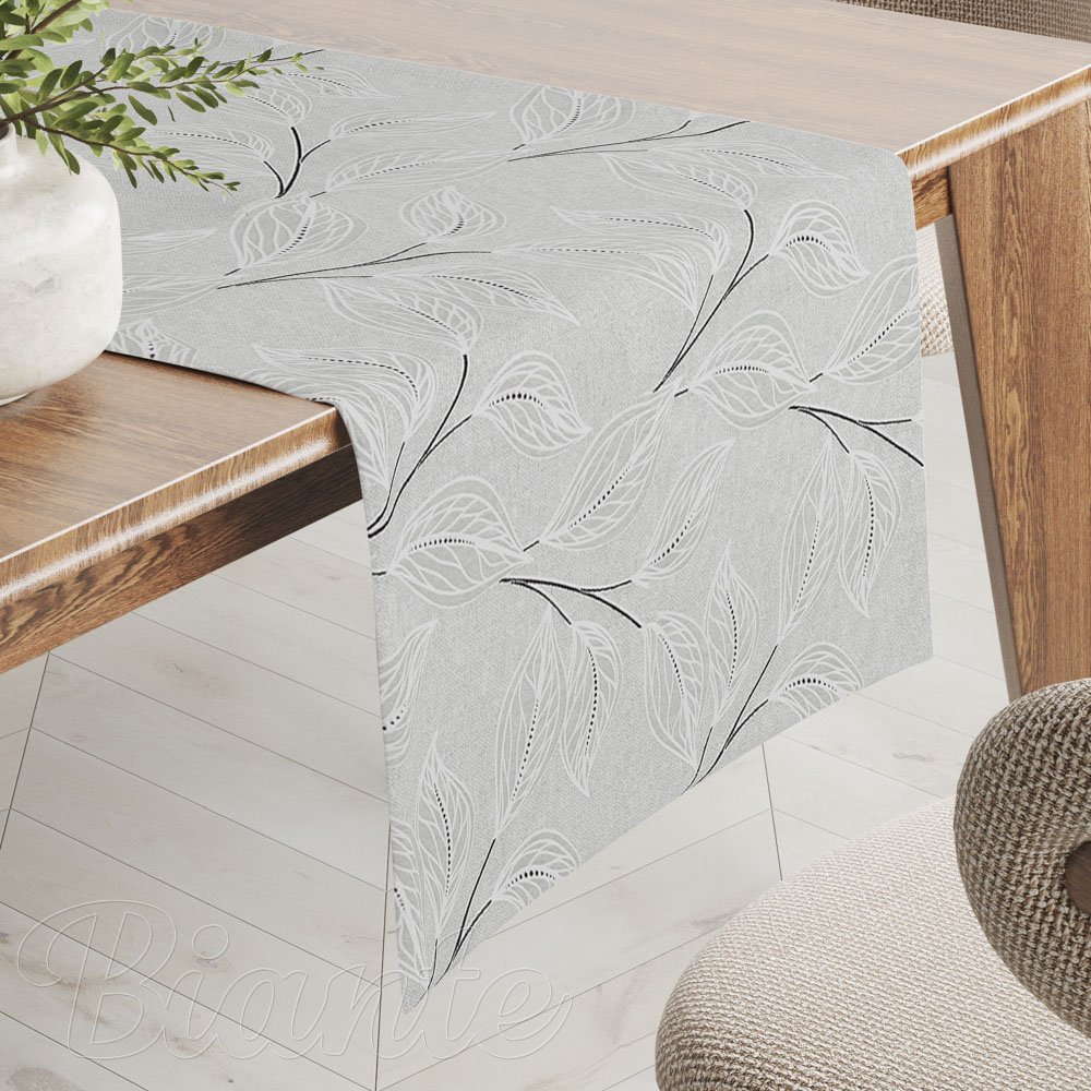 Dekorační běhoun na stůl Leona LN-165 Pnoucí lístky na šedém - Biante.cz