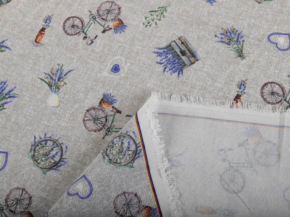 Dekorační látka PML-097 Levandule a kola na šedém režném - šířka 150 cm - detail 3 - Biante.cz