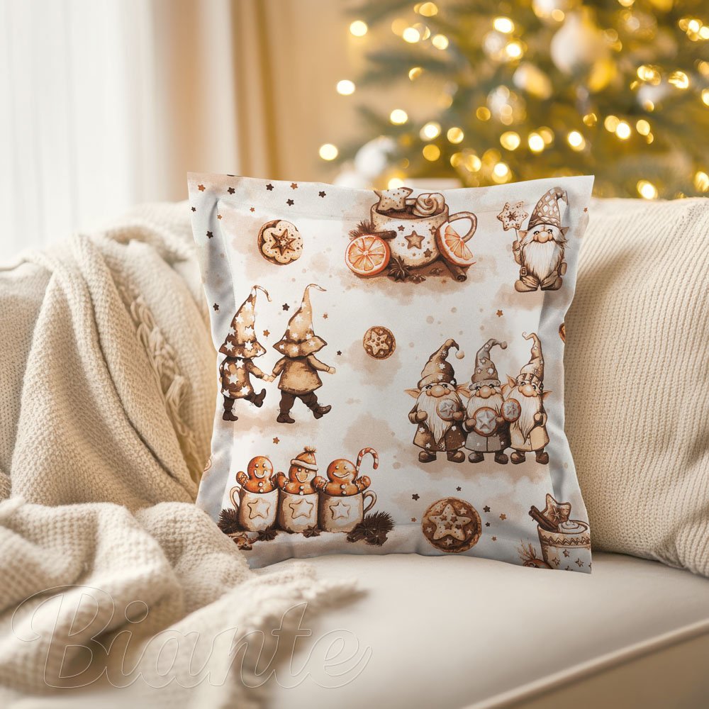 Bavlněný povlak na polštář s lemem Sandra SA-663 Hnědí skřítci s perníčky na bílém - detail 1 - Biante.cz