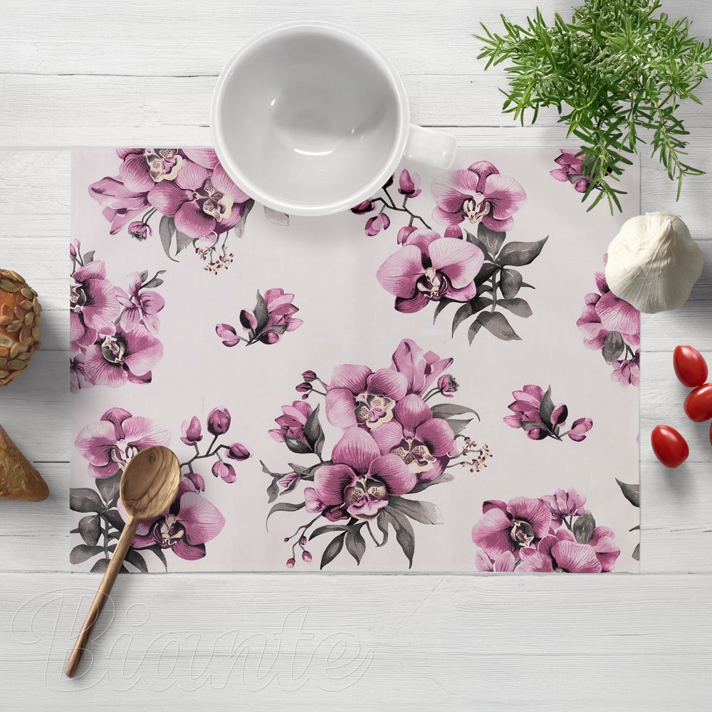 Bavlněné prostírání na stůl Sandra SA-623 Lila orchideje na bílém - Biante.cz