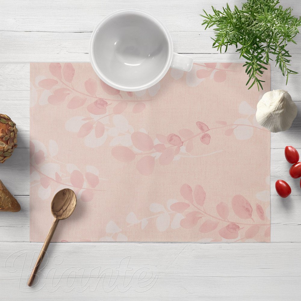 Bavlnené prestieranie na stôl Sandra SA-682 Eukalyptové listy na pastelovo ružovom - Biante.sk