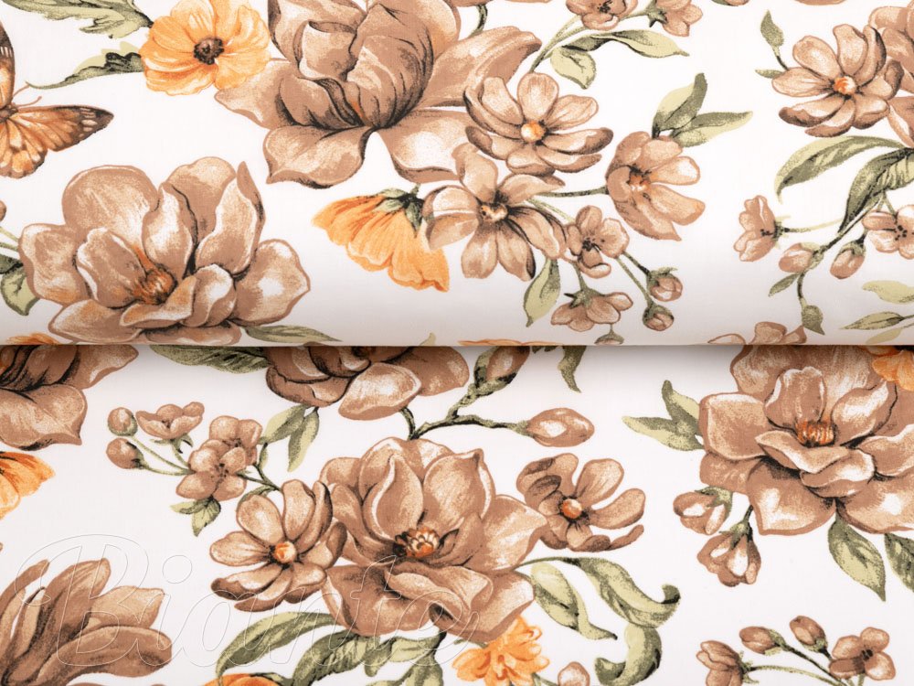 Bavlněná látka/plátno Sandra SA-458 Hnědé květy magnolie s motýlky na bílém - šířka 160 cm - detail 2 - Biante.cz Bavlněná látka/plátno Sandra SA-458 Hnědé květy magnolie s motýlky na bílém - šířka 160 cm - detail 2 - Biante.cz