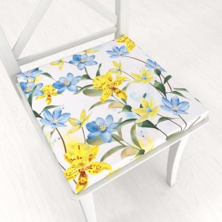 Teflonový čtvercový podsedák TF-081 Žluto-modré lilie na bílém - 38x38x3 cm - Biante.cz