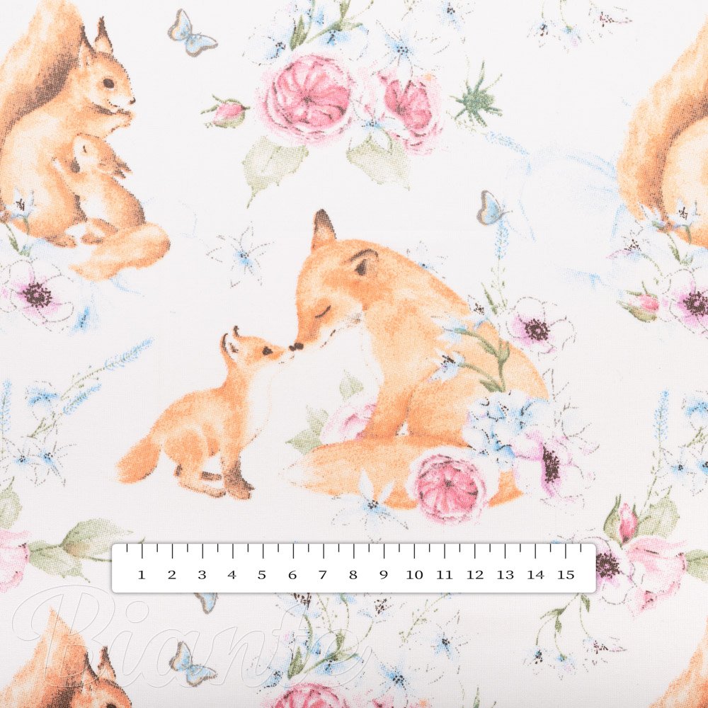 Dětská bavlněná látka/plátno Sandra SA-694 Veverky a lišky mezi květinami na bílém - šířka 160 cm - detail 3 - Biante.cz