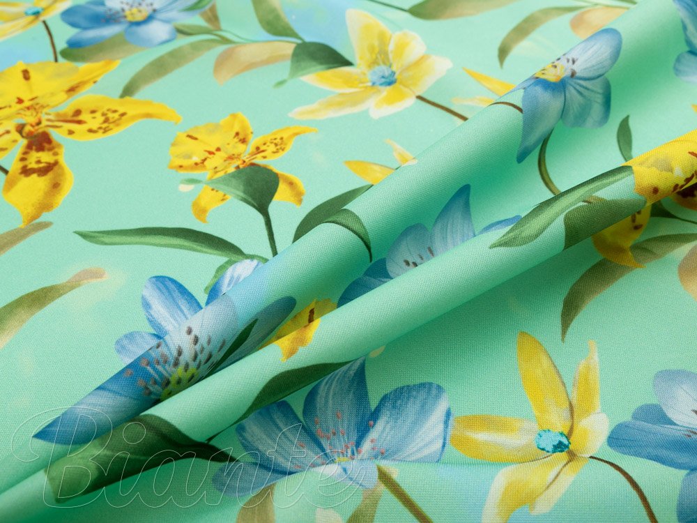 Teflonová látka na ubrusy TF-082 Žluto-modré lilie na mintovém - šířka 155 cm - detail 2 - Biante.cz Teflonová látka na ubrusy TF-082 Žluto-modré lilie na mintovém - šířka 155 cm - detail 2 - Biante.cz