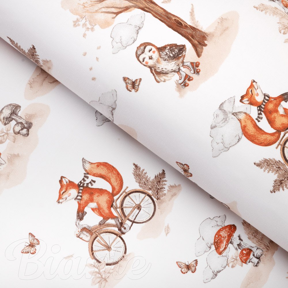 Dětská bavlněná látka/plátno Sandra SA-696 Lišky na kolách - hnědé na bílém - šířka 160 cm - Biante.cz