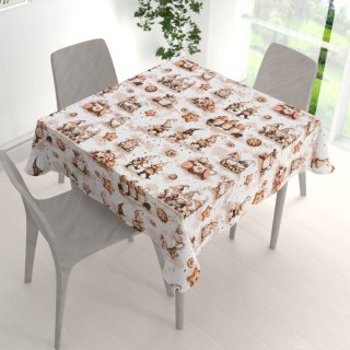 Bavlněný čtvercový ubrus Sandra SA-663 Hnědí skřítci s perníčky na bílém - detail 1 - Biante.cz Bavlněný čtvercový ubrus Sandra SA-663 Hnědí skřítci s perníčky na bílém - detail 1 - Biante.cz