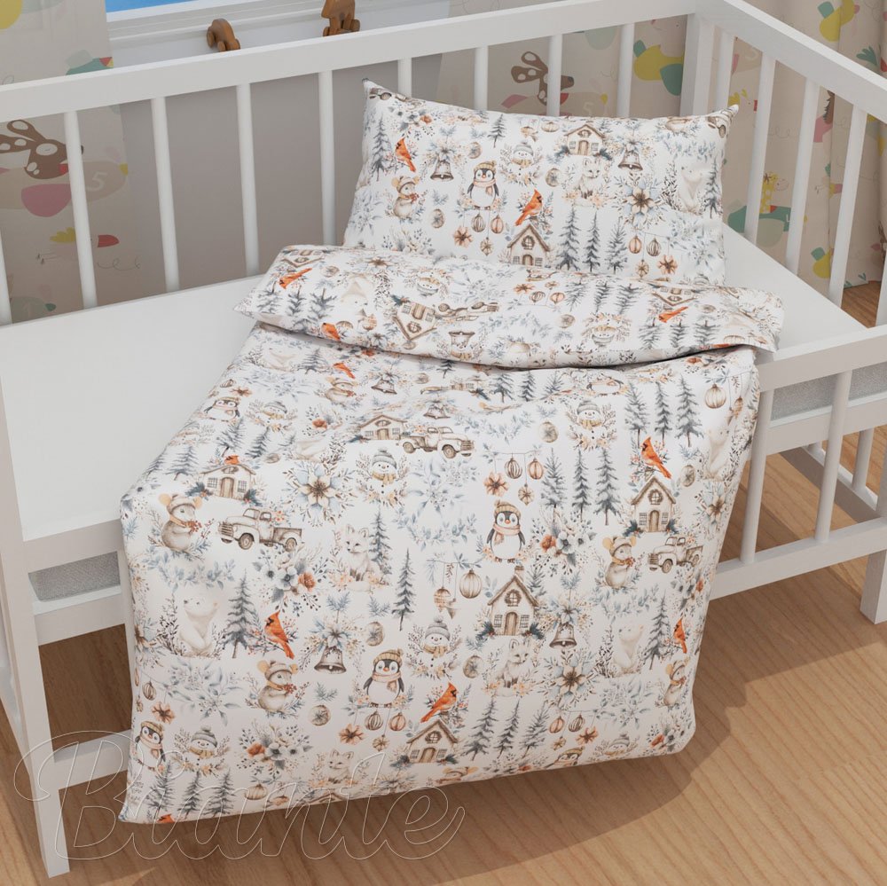 Dětské bavlněné povlečení do postýlky Sandra SA-708 Zimní pohádka modro-šedo-hnědá na bílém - detail 1 - Biante.cz