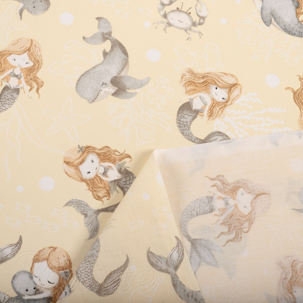 Dětská bavlněná látka/plátno Sandra SA-670 Šedo-hnědé mořské panny s delfíny na žlutobéžovém - šířka 160 cm - detail 4 - Biante.cz