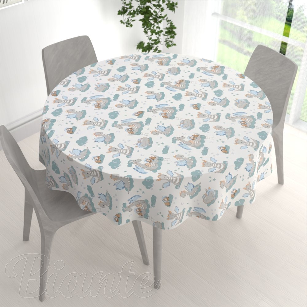 Dětský bavlněný kulatý ubrus Sandra SA-689 Dráčci s medvídky na modrozelených obláčcích na bílém - detail 1 - Biante.cz