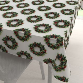 Saténový obdĺžnikový obrus LUP-508 Vianočné venčeky na bielom - Biante.sk