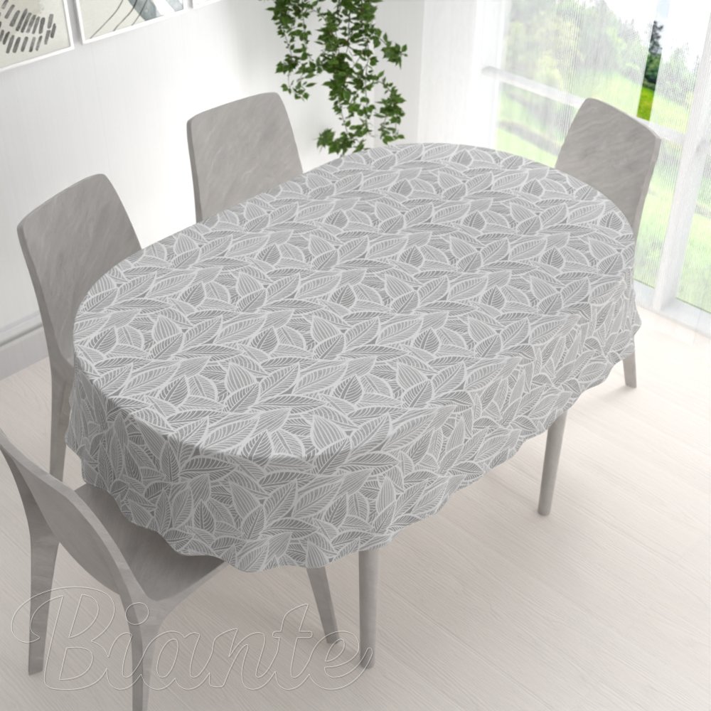 Dekorační oválný ubrus Leona LN-169 Bílé listy na šedém - detail 1 - Biante.cz