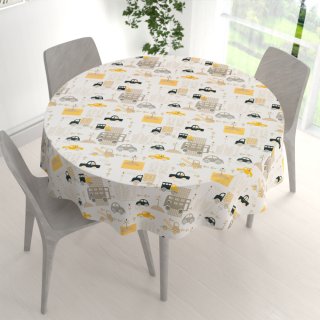 Dětský bavlněný kulatý ubrus Sandra SA-672 Žlutá a šedohnědá auta ve městě na bílém - detail 1 - Biante.cz