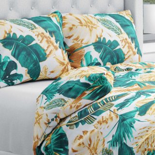Bavlnené posteľné obliečky Sandra SA-245 Zelené a zlaté tropické listy - Biante.sk