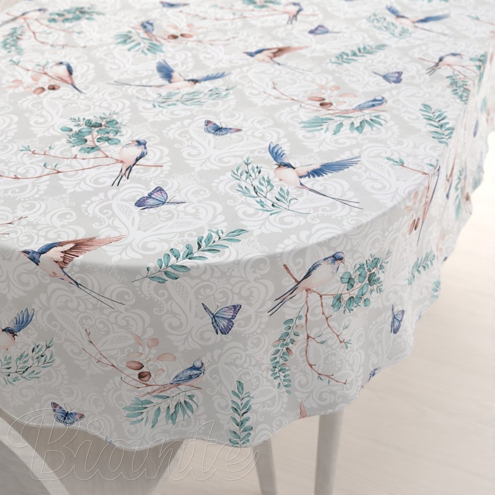 Bavlněný oválný ubrus Sandra SA-471 Vlaštovky s motýlky na světle šedém ornamentu - Biante.cz