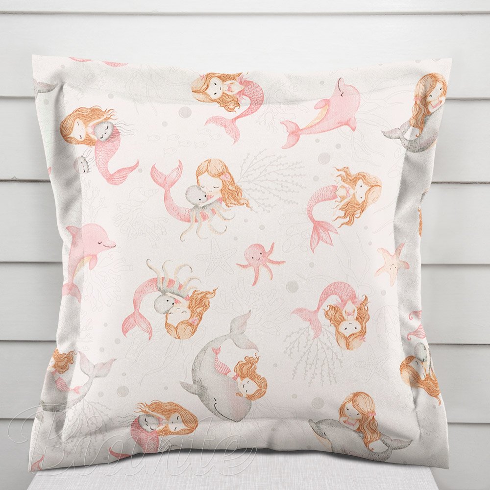 Dětský bavlněný povlak na polštář s lemem Sandra SA-527 Růžové mořské panny s delfíny a velrybami na bílém - Biante.cz