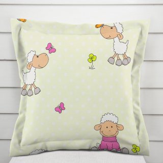 Dětský bavlněný povlak na polštář s lemem Sandra SA-729 Veselé ovečky na světle zeleném puntíkovaném - Biante.cz